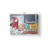 Spiraalkalender voor kinderen met Ramadan-thema en illustraties van twee figuren in de keuken